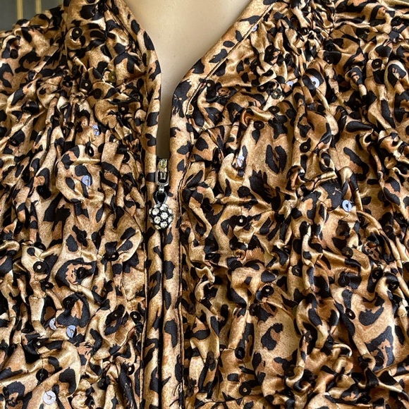 MSK Gold Black CHEETAH PRINT Soft STRETCH PUCKER JACKET SEQUINS - Picture 4 of 9